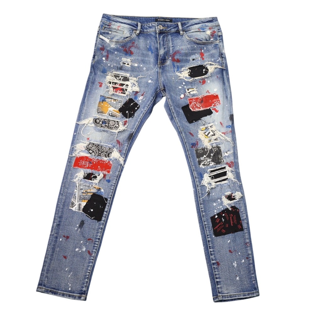 Embellish NYC Mens Distressed Patchwork Paint Splatter Denim Jeans Blue Size 38